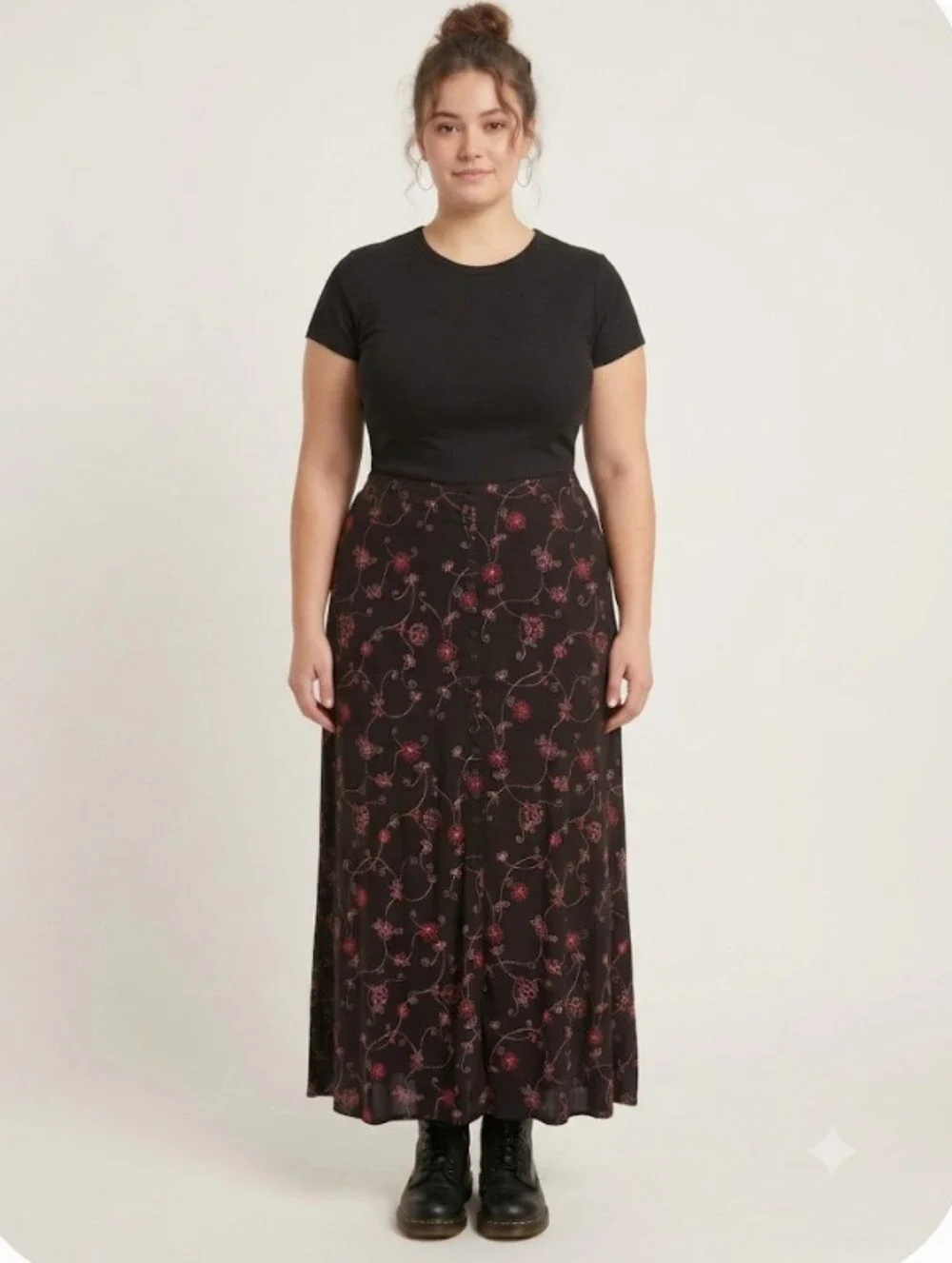 Slinky Maxi Skirt Vintage Black Pink Floral Faux Embroidery Button Front XL